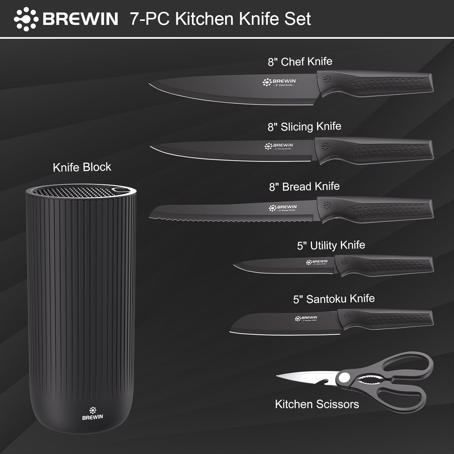 Brewin Knife Set, Kitchen Knife Set, Knives Set for Kitchen, Universal Knife Block, Utility Knife Block Set, New Home Essentials, Apartment Essentials, Dishwasher Safe