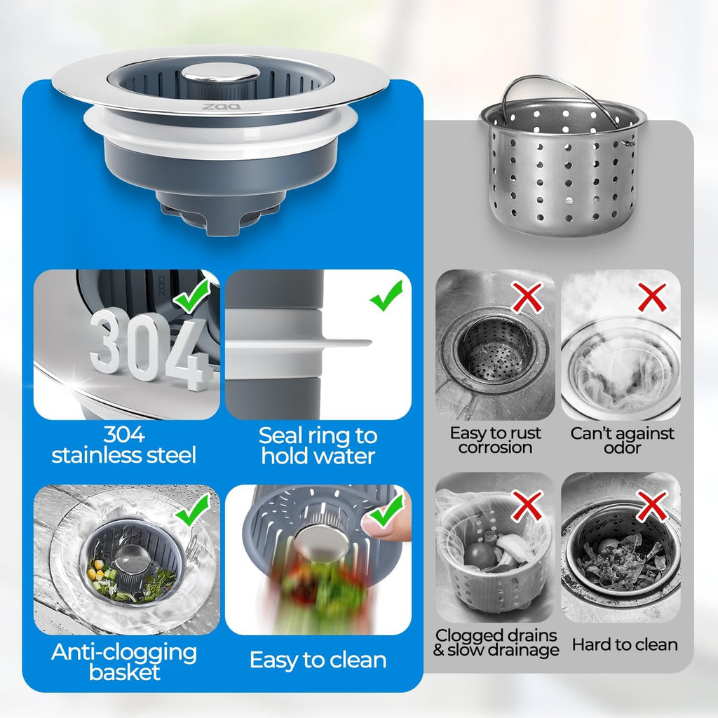 Sink Drain Strainer - Sink Stopper Kitchen Drain, 3 in 1 Kitchen Sink Drain Strainer with Anti-Clogging Basket, Kitchen Gadgets Clearance Sink Accessories, Fit US Standard 3-1/2'' Sink Hole, Silver