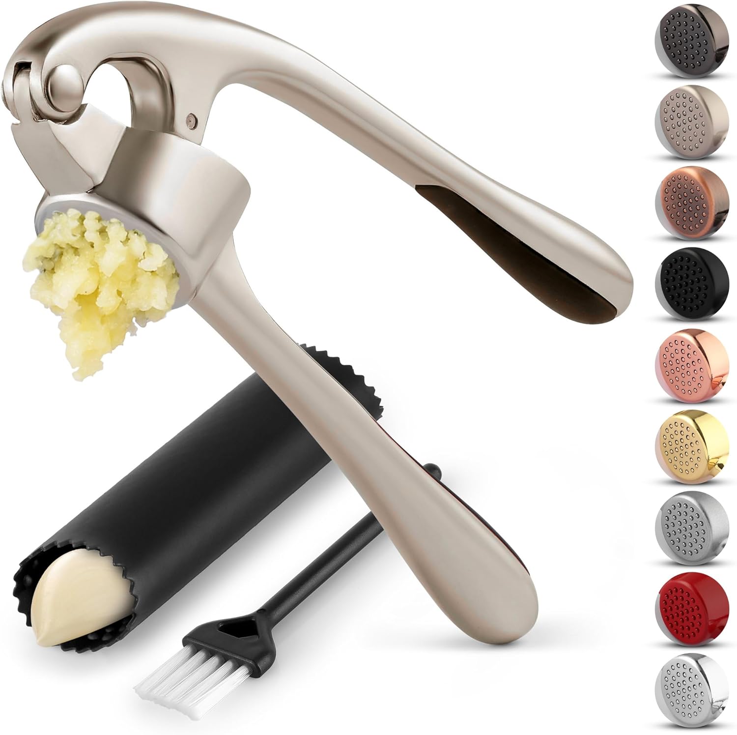 Zulay Kitchen Premium Garlic Press Set - Rust Proof Professional Garlic Mincer Tool - Easy-Squeeze, Easy-Clean with Soft, Ergonomic Handle - Silicone Garlic Peeler & Brush (Silver)
