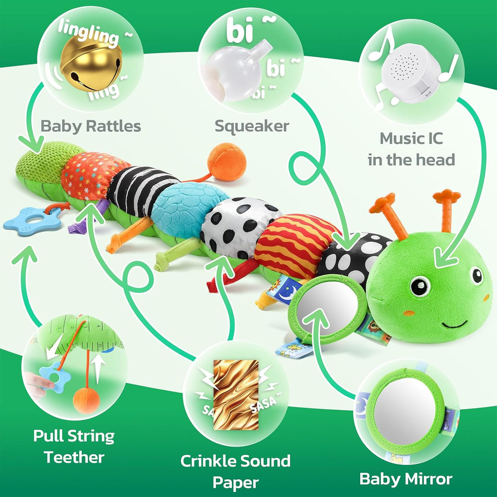 HEMRLY Baby Sensory Toy 0-6 Months, Musical Stuffed Caterpillar Plush with Teether, Crinkle, Rattle, Baby Mirror for Tummy Time, Infant Car Seat Toy for 0-3-6-12 Month Boys Girls Gifts - Knotted