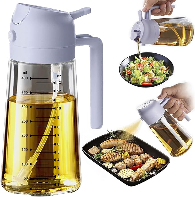 TrendPlain 16oz/470ml Glass Olive Oil Sprayer for Cooking – 2 in 1 Olive Oil Dispenser Bottle for Kitchen Gadgets and Air Fryer Accessories, Salad, BBQ - Black