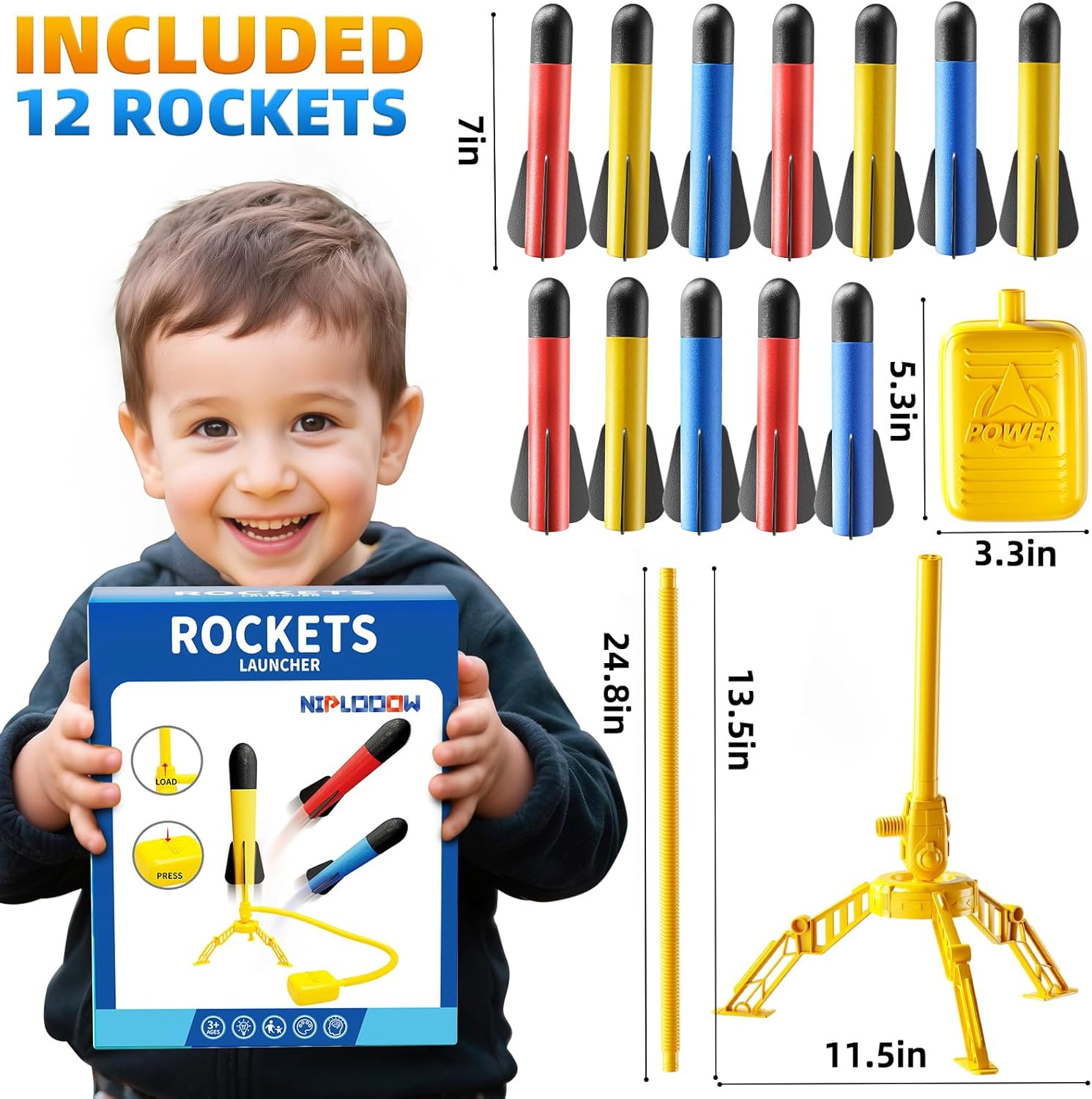 NIPLOOOW Rocket Launcher for Kids, 12 Foam Rockets, Launch up to 100+ft, Outdoor Outside Backyard Toys for Boys & Girls, Birthday Gift Toys for Kids Boys Girls Age 3 4 5 6 7 8 Years Old