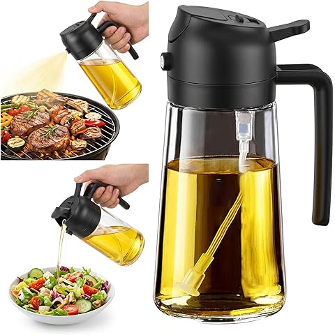 TrendPlain 16oz/470ml Glass Olive Oil Sprayer for Cooking – 2 in 1 Olive Oil Dispenser Bottle for Kitchen Gadgets and Air Fryer Accessories, Salad, BBQ - Black
