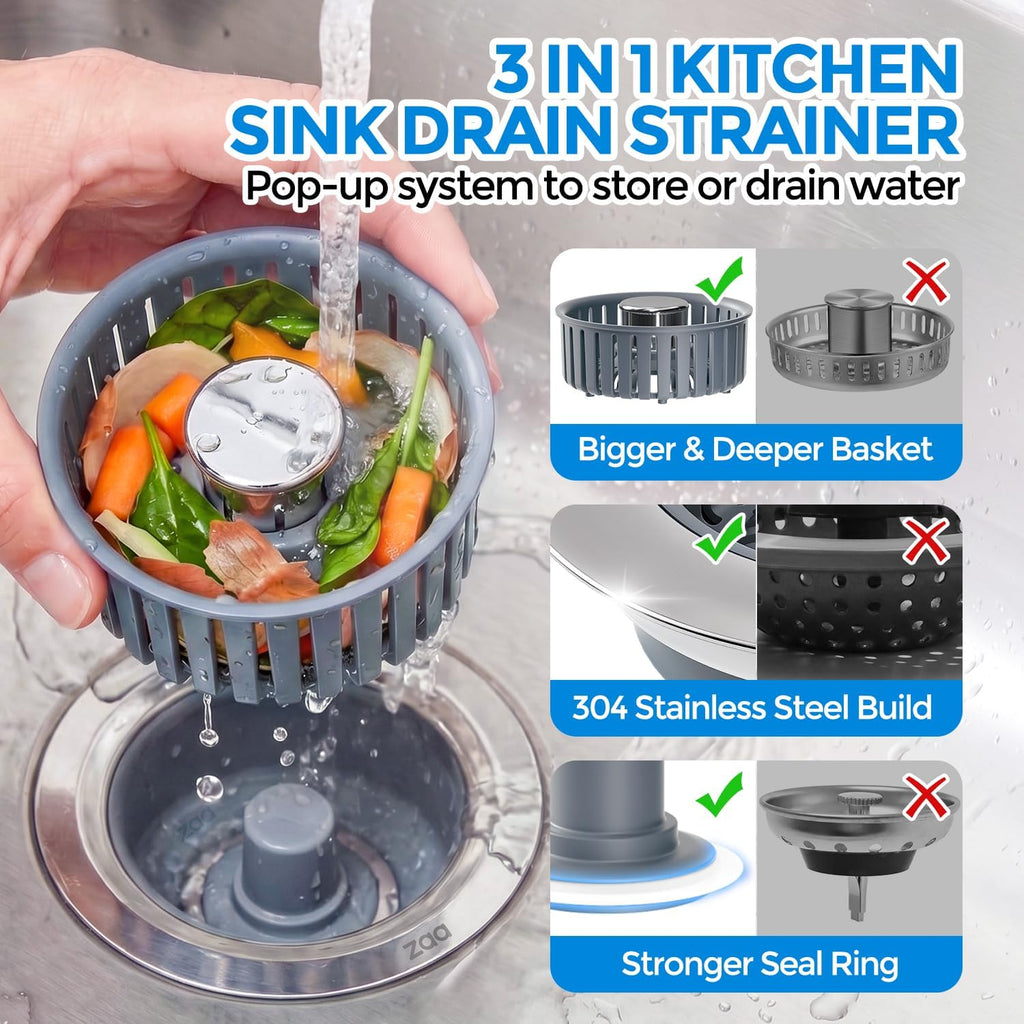 Sink Drain Strainer - Sink Stopper Kitchen Drain, 3 in 1 Kitchen Sink Drain Strainer with Anti-Clogging Basket, Kitchen Gadgets Clearance Sink Accessories, Fit US Standard 3-1/2'' Sink Hole, Silver