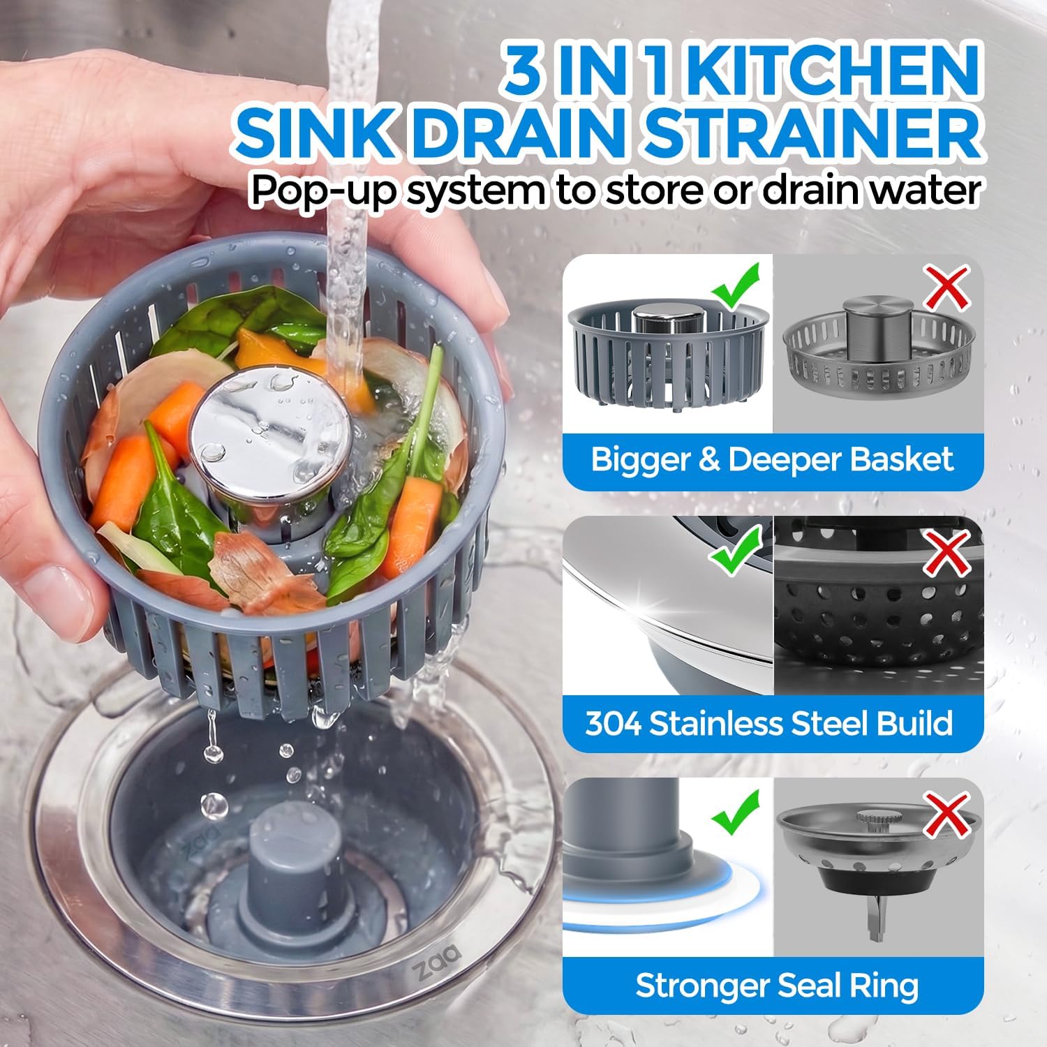 Sink Drain Strainer - Sink Stopper Kitchen Drain, 3 in 1 Kitchen Sink Drain Strainer with Anti-Clogging Basket, Kitchen Gadgets Clearance Sink Accessories, Fit US Standard 3-1/2'' Sink Hole, Silver
