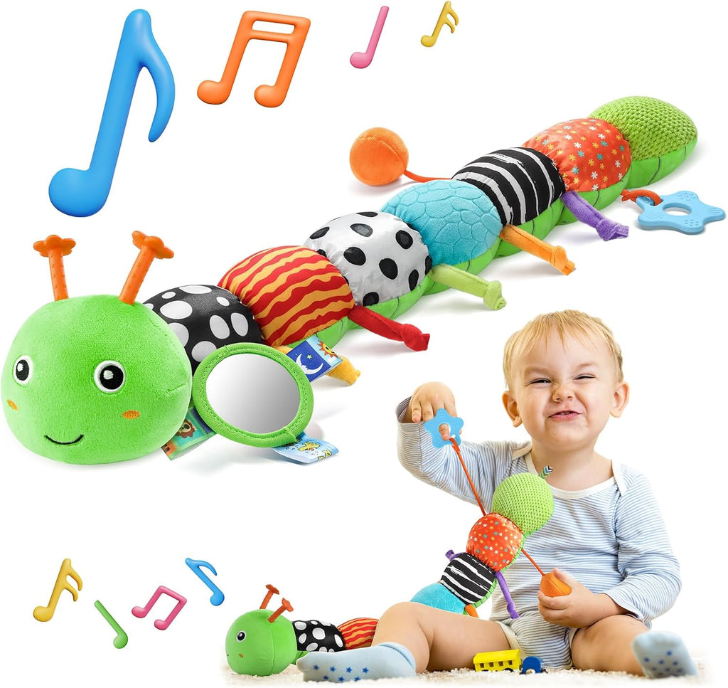 HEMRLY Baby Sensory Toy 0-6 Months, Musical Stuffed Caterpillar Plush with Teether, Crinkle, Rattle, Baby Mirror for Tummy Time, Infant Car Seat Toy for 0-3-6-12 Month Boys Girls Gifts - Knotted
