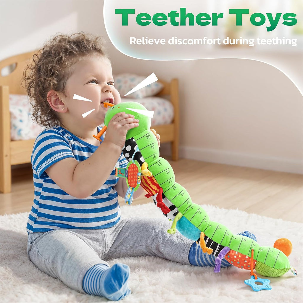 HEMRLY Baby Sensory Toy 0-6 Months, Musical Stuffed Caterpillar Plush with Teether, Crinkle, Rattle, Baby Mirror for Tummy Time, Infant Car Seat Toy for 0-3-6-12 Month Boys Girls Gifts - Knotted