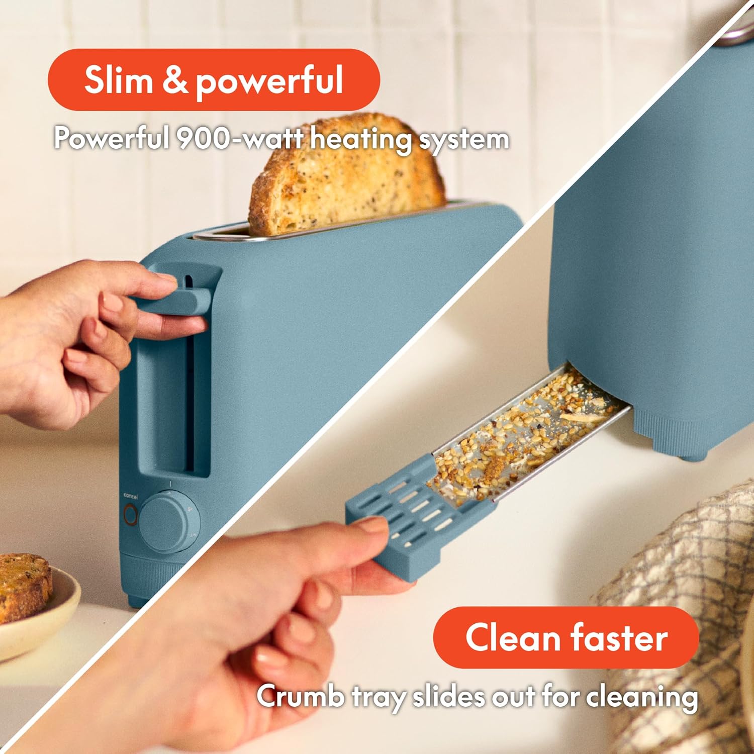 bella 2 Slice Slim Toaster, Fits-anywhere™ Kitchenware, 6 Setting Shade Control with Reheat & Cancel Buttons, Fits Sourdough, 10” Long Slot, Anti Jam & Auto Shutoff, 900 Watt, Surf